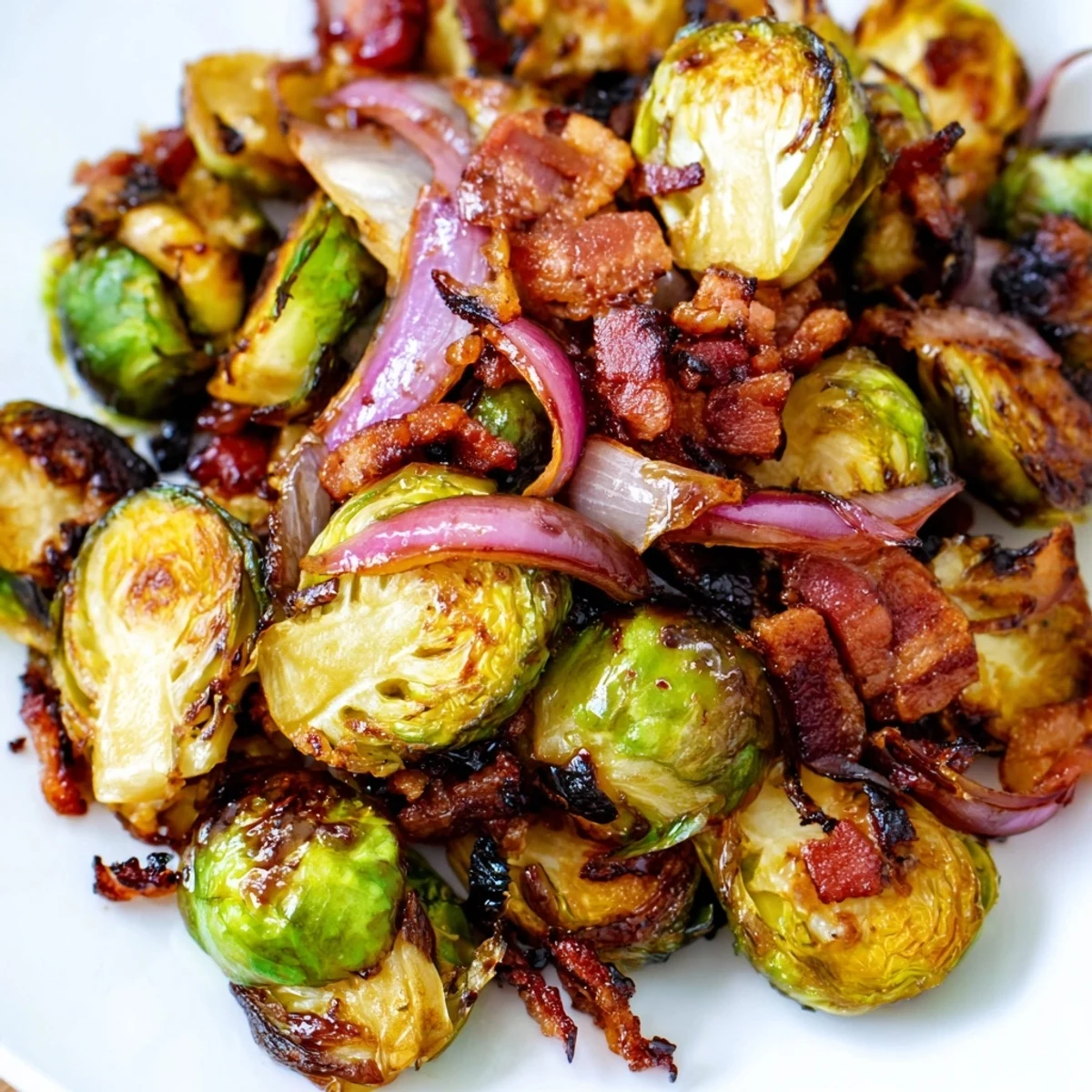 Freshly prepared Roasted Brussels Sprouts with Crispy Turkey Bacon garnished with red onion, offering a savory and healthy side dish.