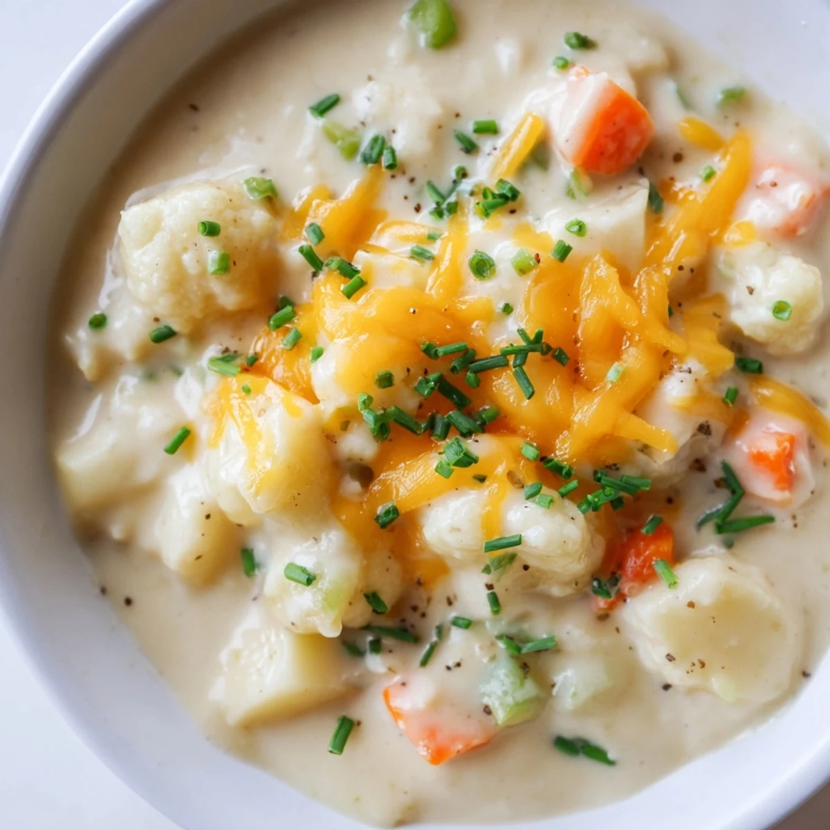 Creamy Cauliflower Chowder with Sharp Cheddar Cheese served steaming in a rustic bowl, garnished with fresh chives and extra shredded cheese.