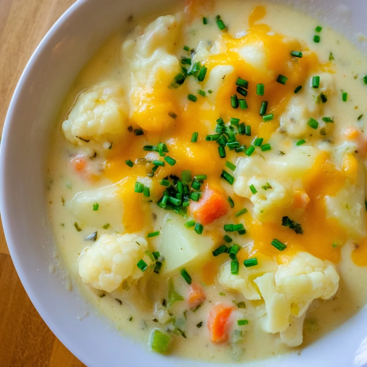 A close-up of Creamy Cauliflower Chowder with Sharp Cheddar Cheese, showcasing tender cauliflower and potato chunks in a velvety orange broth.