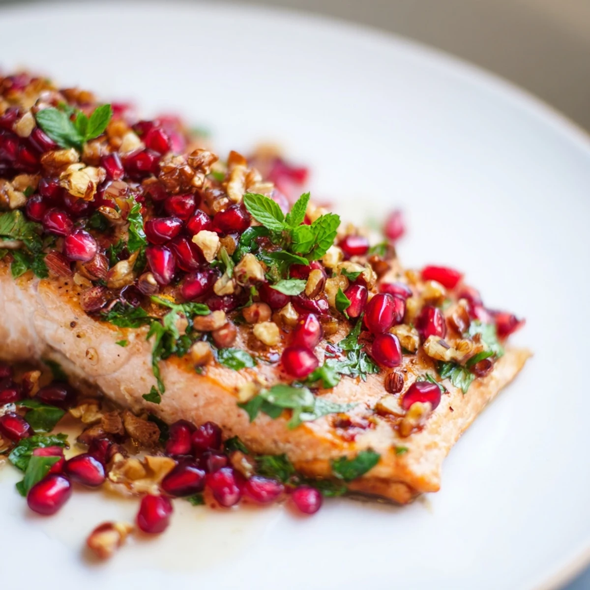 Golden baked salmon fillets fresh from the oven, topped with a vibrant pomegranate, walnut, and herb salsa for a Mediterranean dinner.