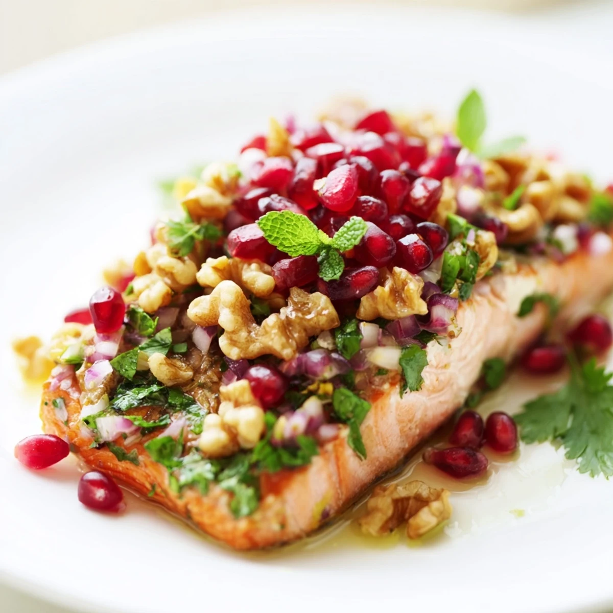 Perfectly flaky baked salmon topped with bright red pomegranate arils, chopped walnuts, and fresh mint leaves, ready to serve.