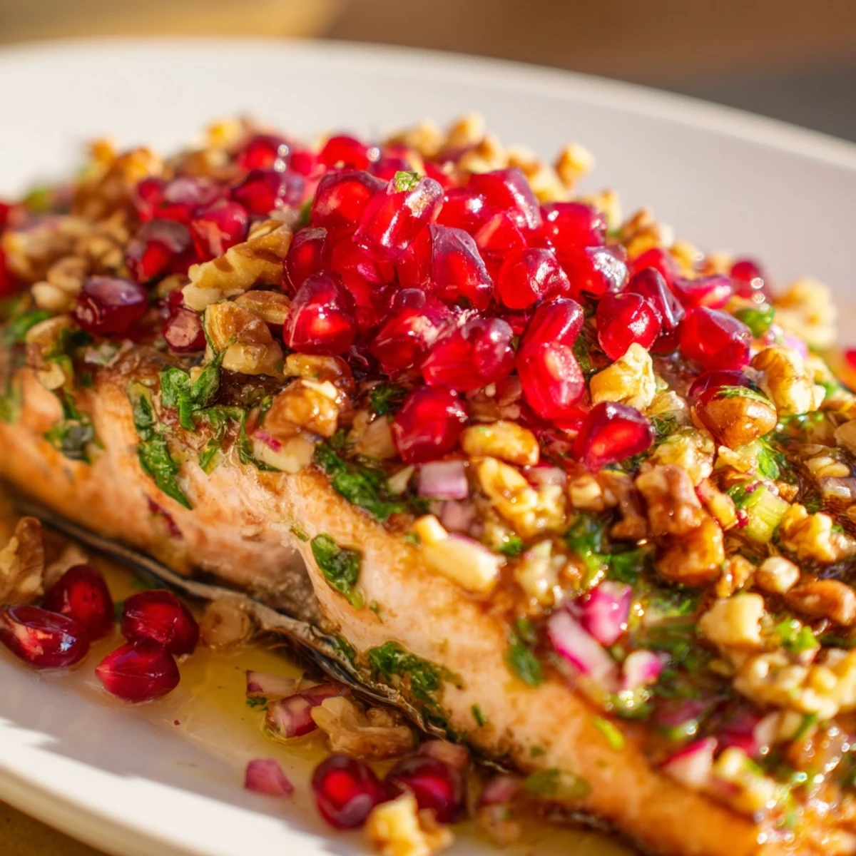 Juicy salmon fillets garnished with a zesty pomegranate and walnut salsa, paired with lemon slices on a white plate for dinner.