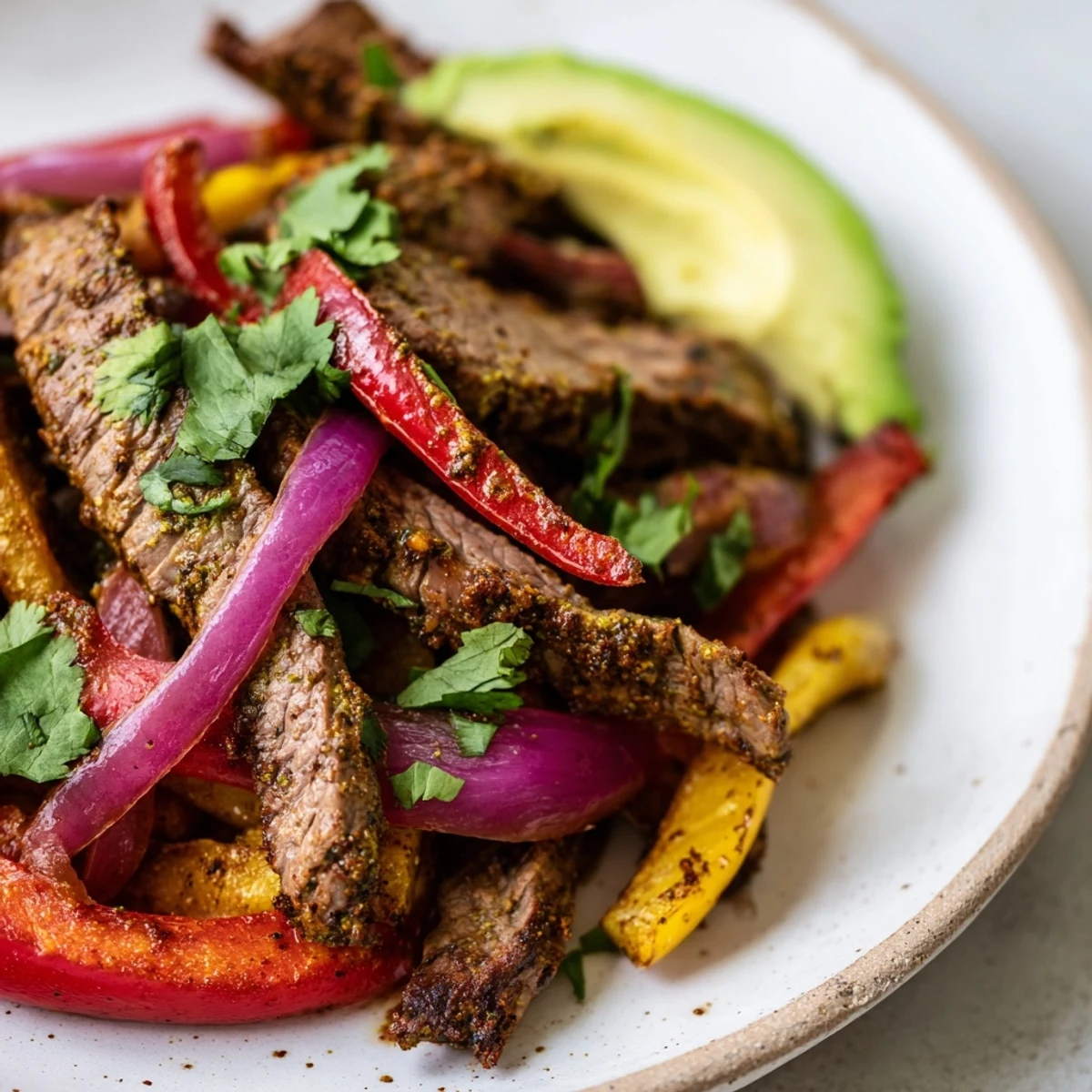 Sizzling strips of steak fajitas with bell peppers and onions served in warm tortillas.