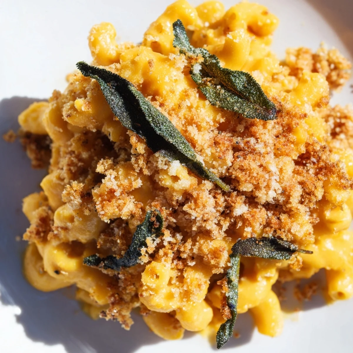 Vegan Butternut Squash Mac and Cheese with Sage is served hot with toasted panko breadcrumbs and fresh herbs.
