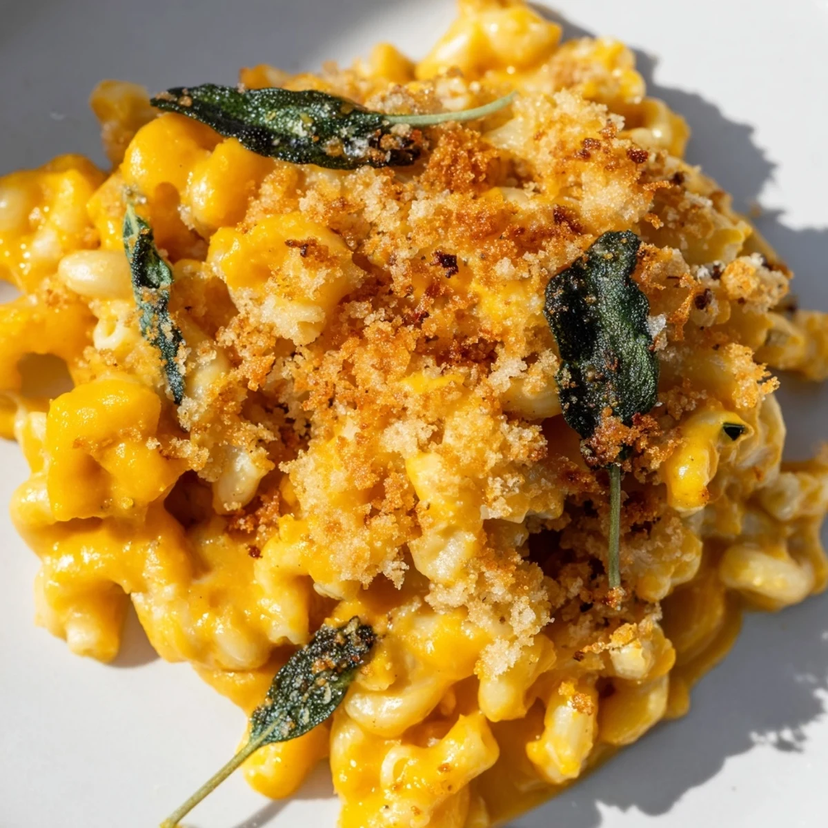 Close-up of Vegan Butternut Squash Mac and Cheese with Sage, creamy orange sauce clinging to tender pasta in a white bowl.