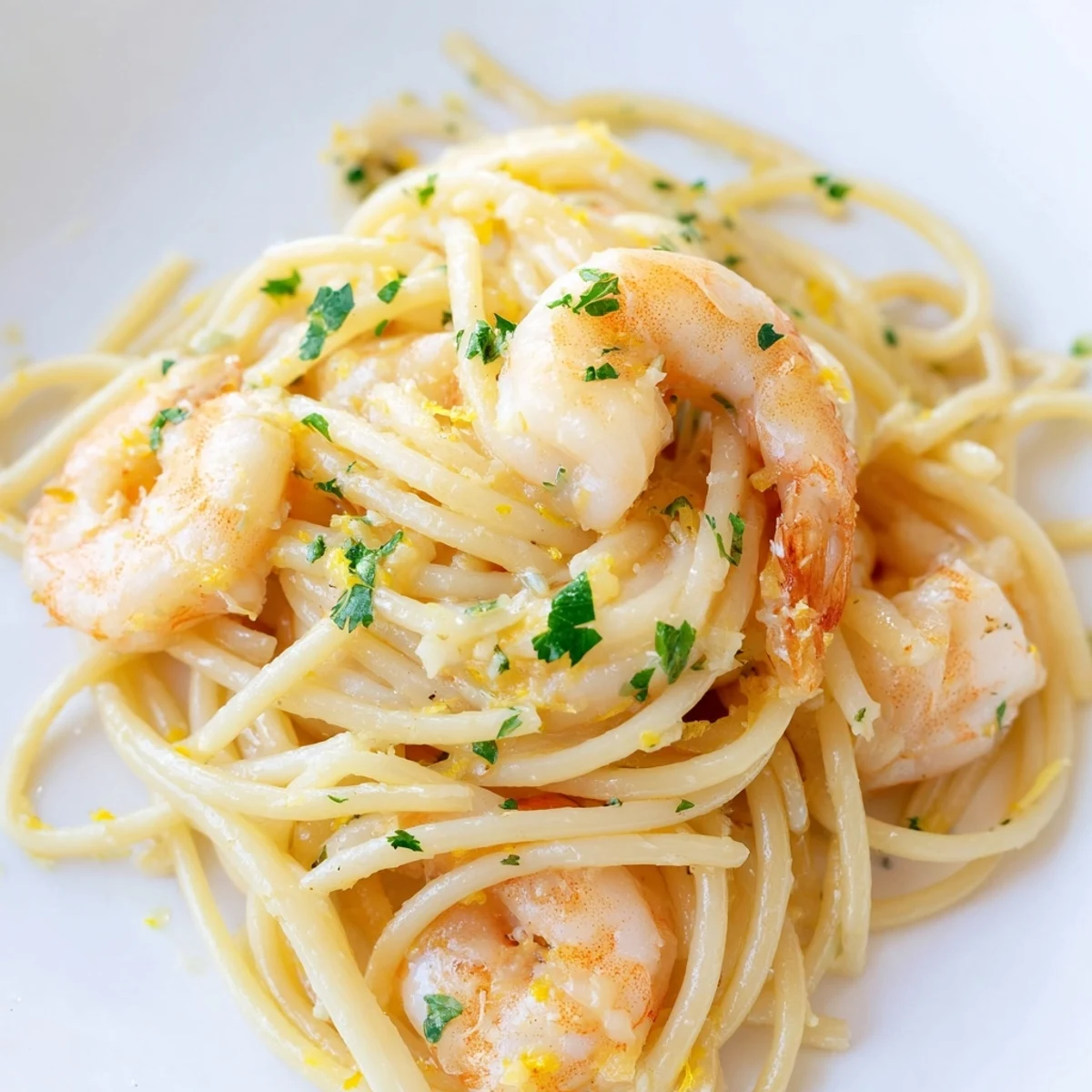 Bright and zesty Lemon Shrimp Pasta with garlic, featuring tender shrimp and fresh parsley served on a dinner plate.