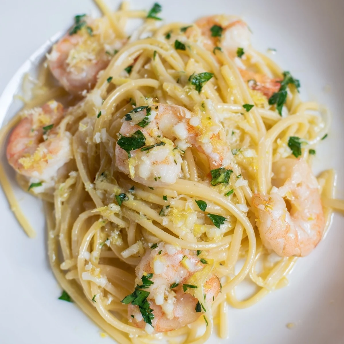 Savory Lemon Shrimp Pasta twirled on a fork, highlighting juicy shrimp and a buttery garlic lemon sauce.
