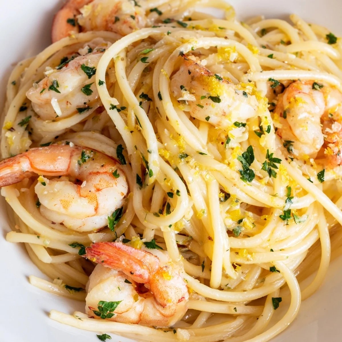 Freshly cooked Lemon Shrimp Pasta in a skillet with lemon wedges, parsley, and red pepper flakes nearby.