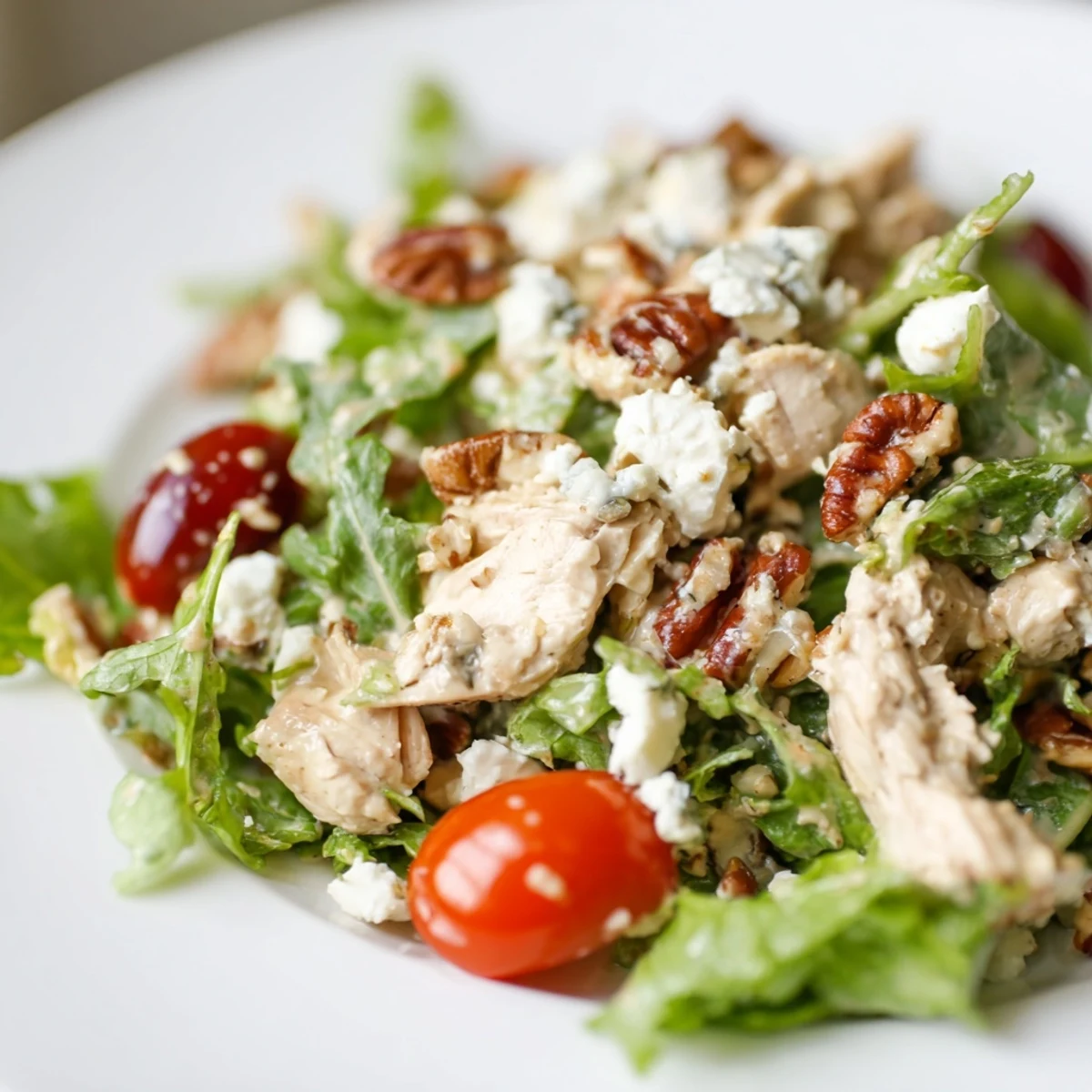 Ready for lunch, this colorful Chicken Pecan Salad with Dressing features cherry tomatoes, crisp celery, and sliced apples.
