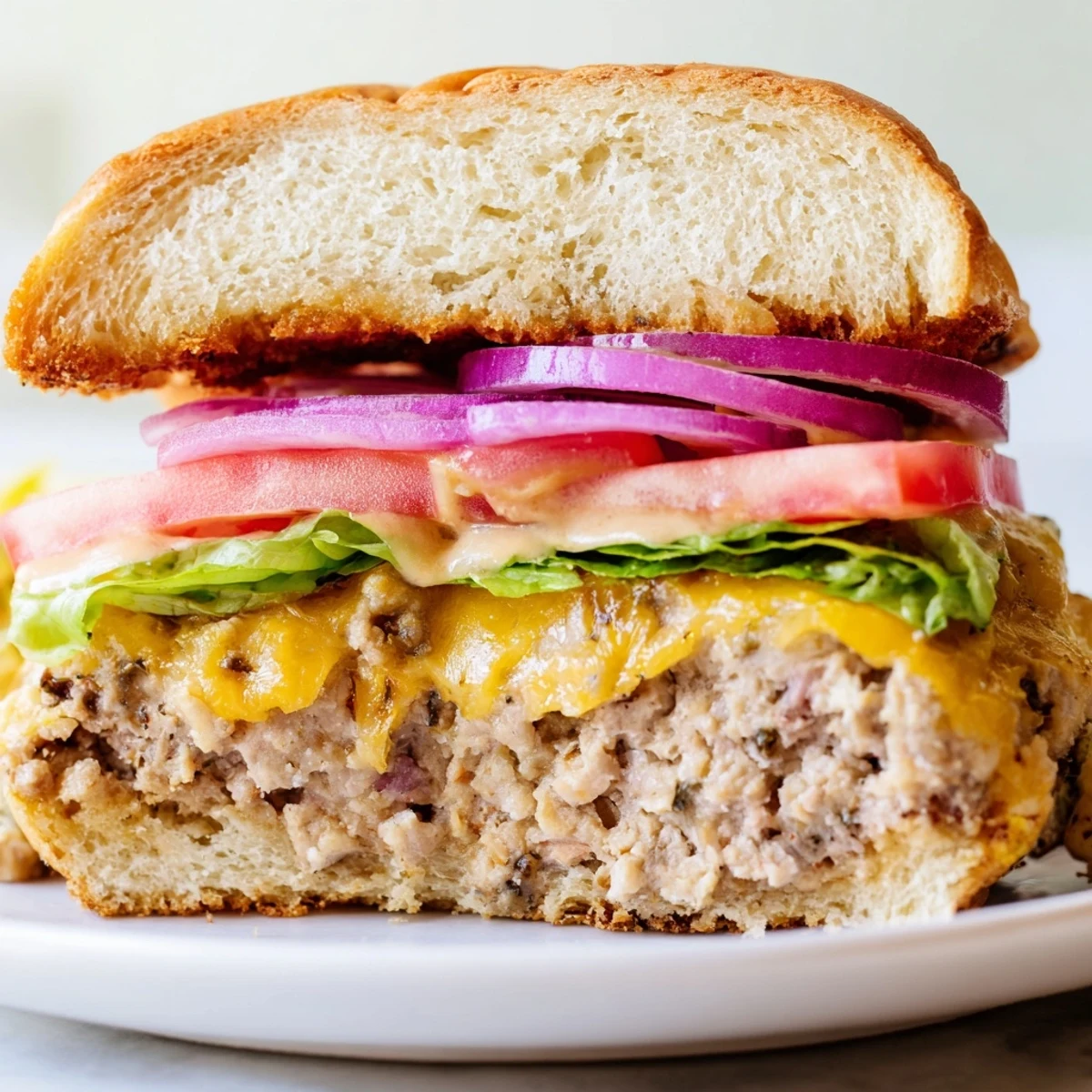 Classic turkey cheese burger served with lettuce, tomato, and onion on a buttery toasted bun.