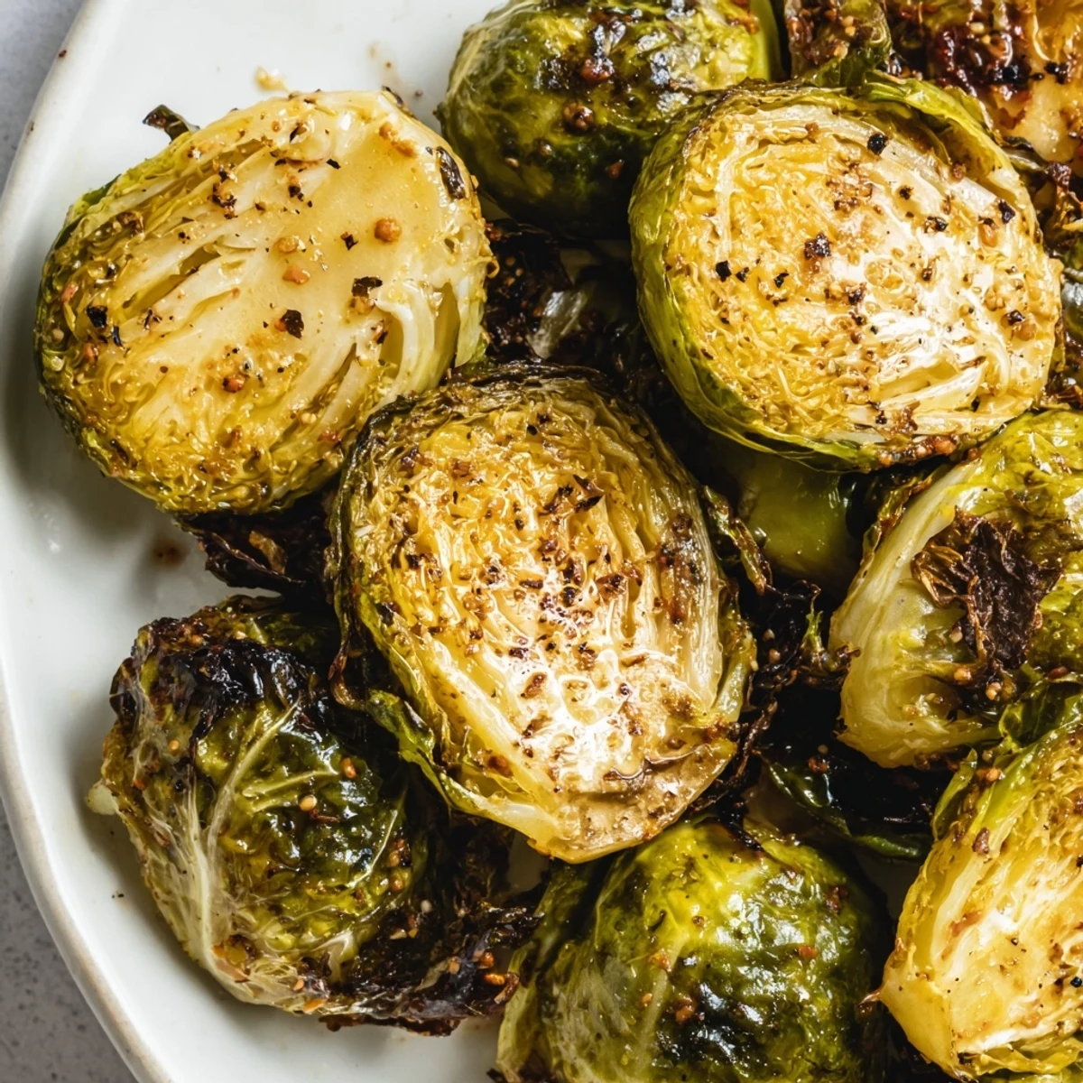 Platter of Roasted Brussels Sprouts Halves garnished with lemon and optional Parmesan, a vegetarian gluten-free side dish.
