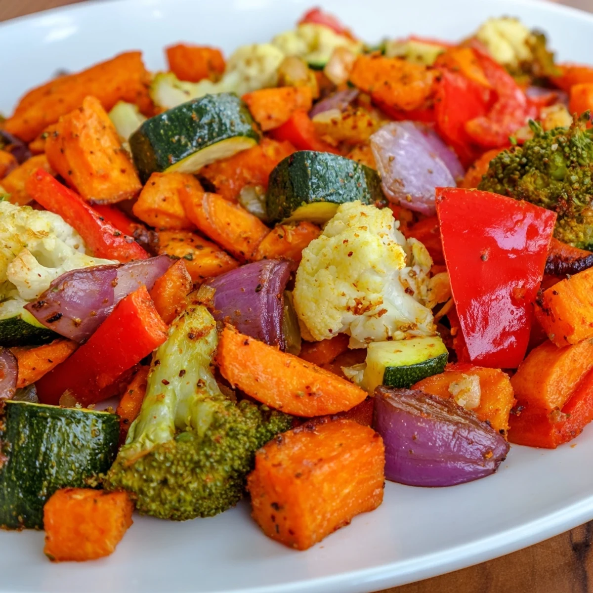 Freshly roasted veggies tossed with herbs, caramelized and tender on a white plate for dinner.
