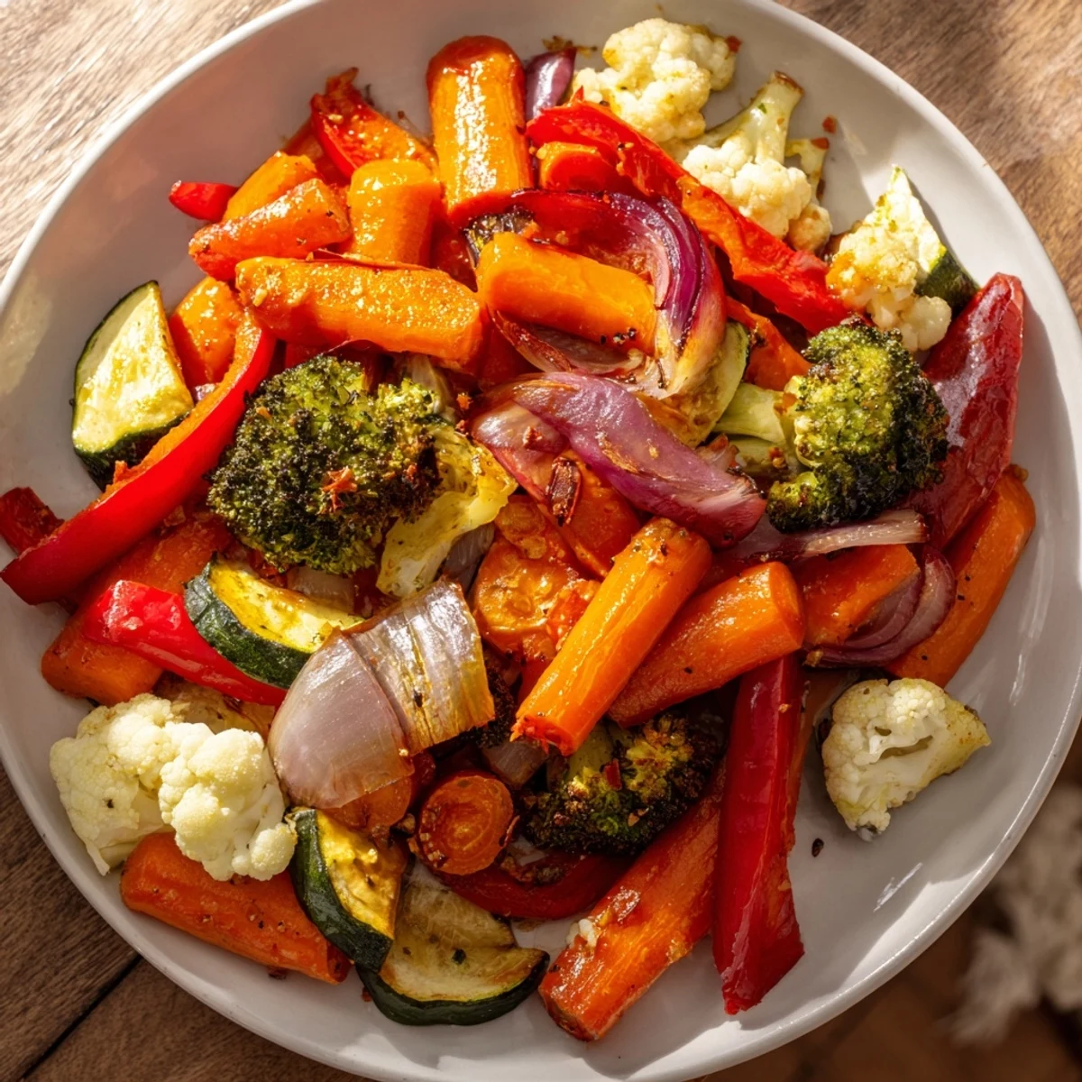 A vibrant bowl of roasted veggies, featuring carrots, broccoli, and bell peppers for an easy vegan side.