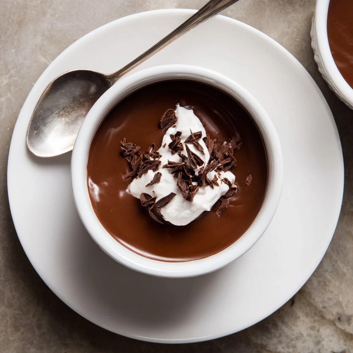 Rich, creamy chocolate pudding served warm in a white bowl, garnished with a fresh raspberry.  