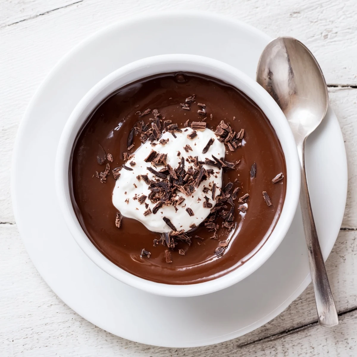 Silky chocolate pudding in a glass cup topped with whipped cream and chocolate shavings, served chilled.  