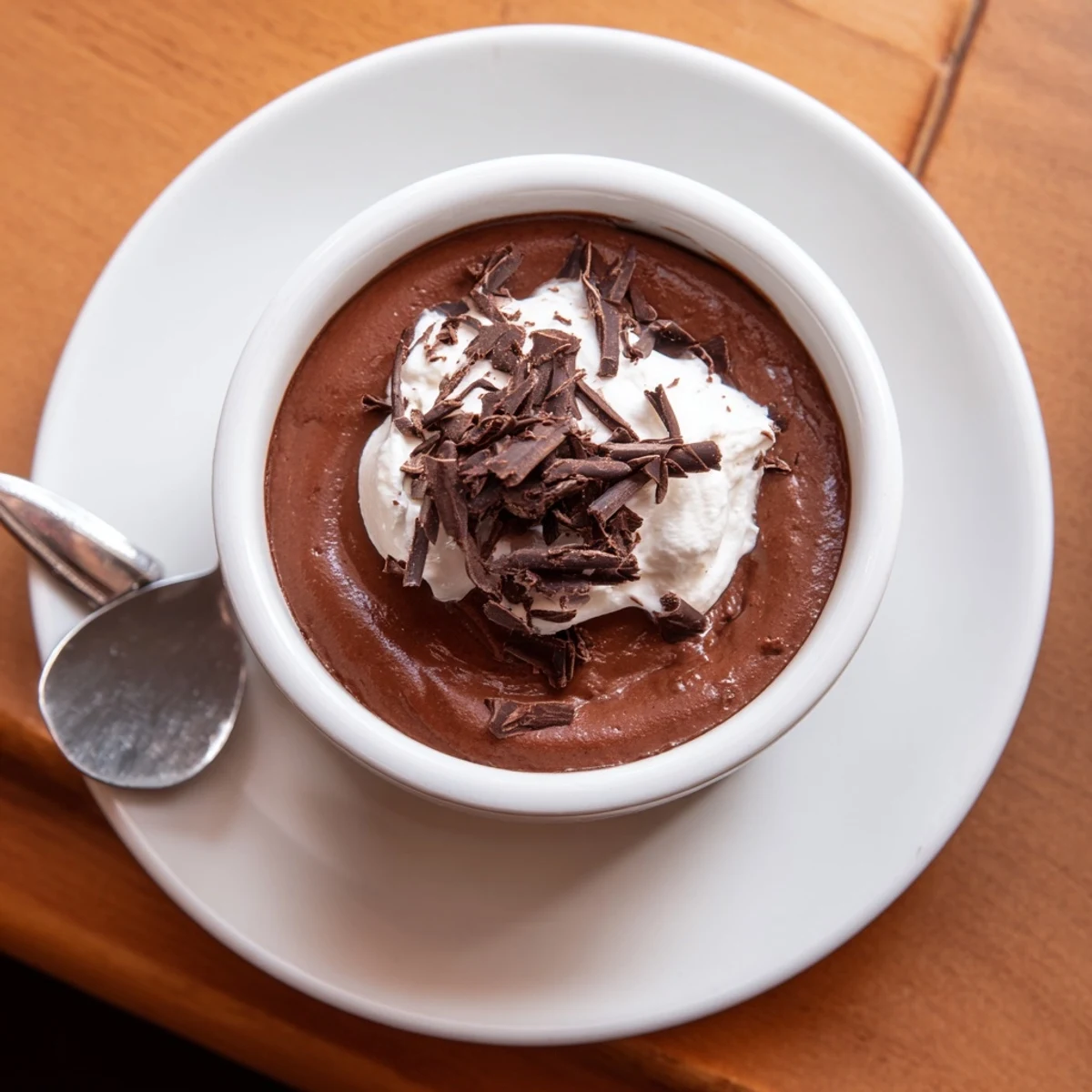 Homemade chocolate pudding in a rustic ramekin, with a spoon ready to enjoy this comforting treat.