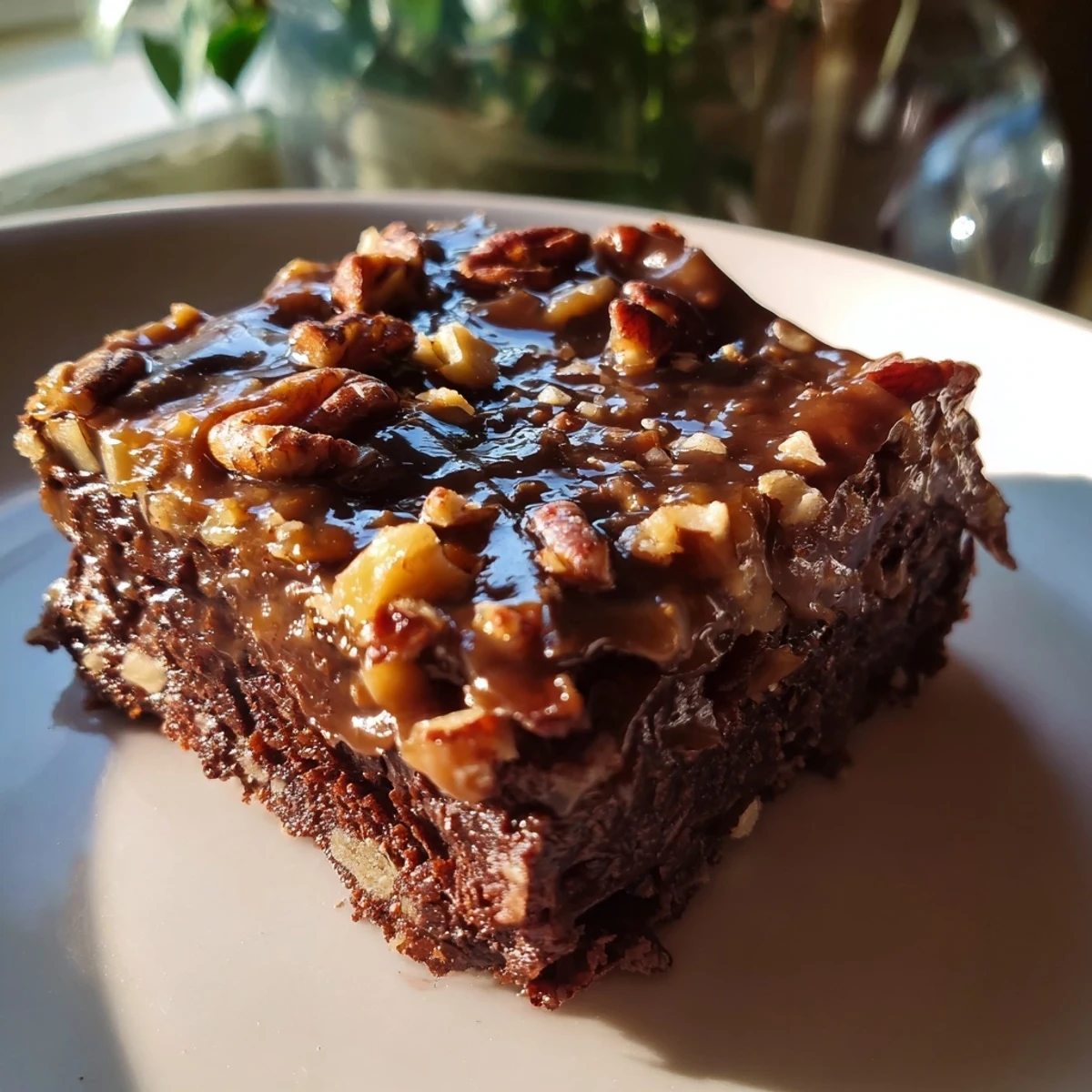 A close-up of New Orleans Praline Brownies showing glossy, fudgy squares topped with crunchy toasted pecans and a thick caramel glaze.