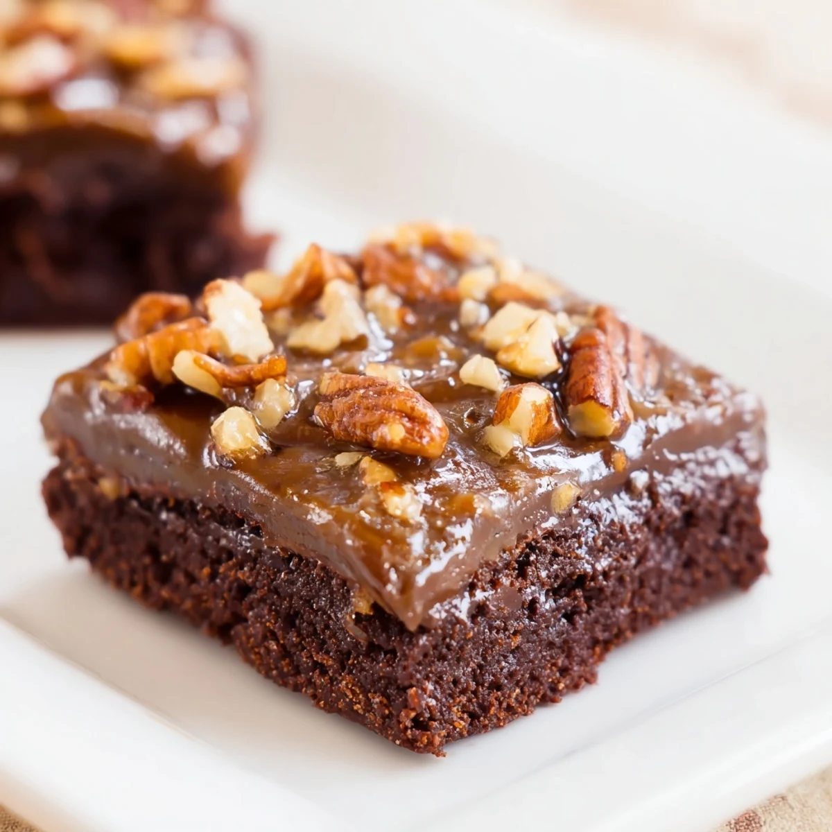 Golden-brown New Orleans Praline Brownies with a luscious praline glaze and generous pecan pieces, ready to slice and serve.