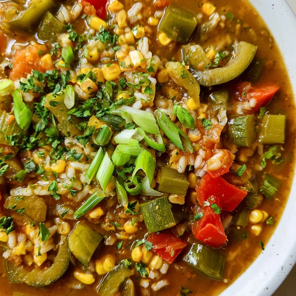 Close-up of rich, dark roux and colorful vegetables simmering in Creole Vegetable Gumbo, showcasing the thick, hearty stew texture.