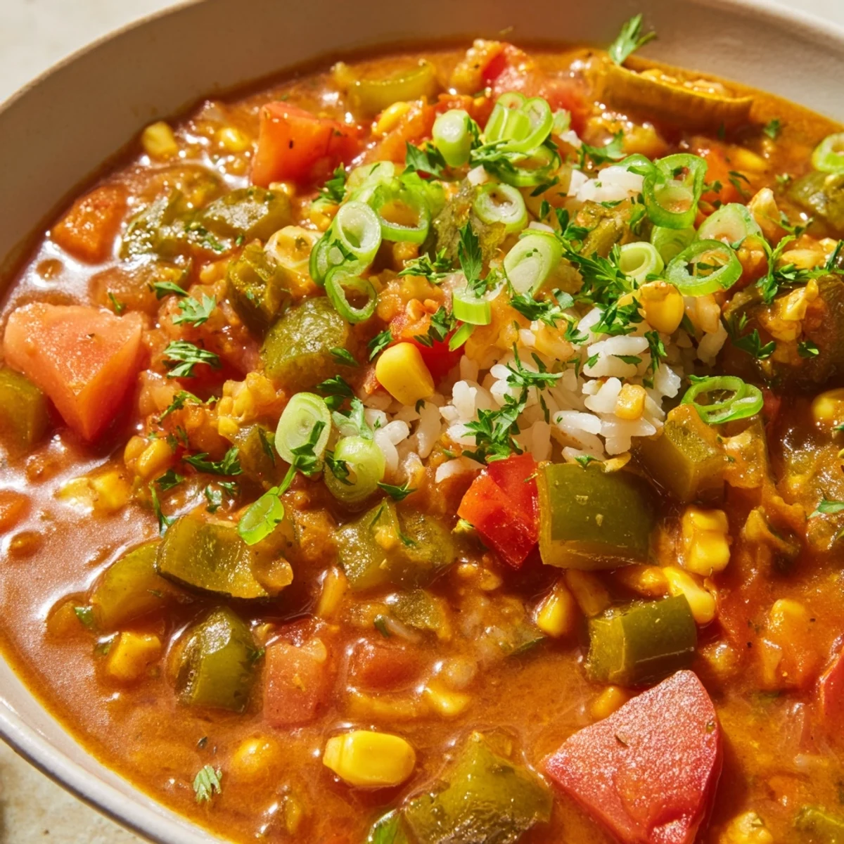 Spicy Creole Vegetable Gumbo in a rustic bowl, with tender okra, corn, and peppers paired with a side of crusty bread.