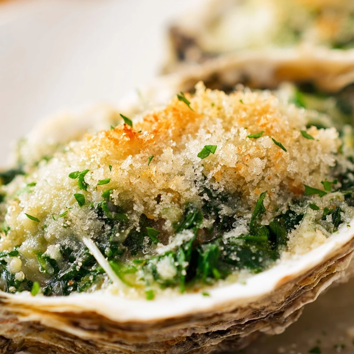 Gourmet Oysters Rockefeller with a buttery panko crust and fresh parsley, presented elegantly for a romantic dinner party.