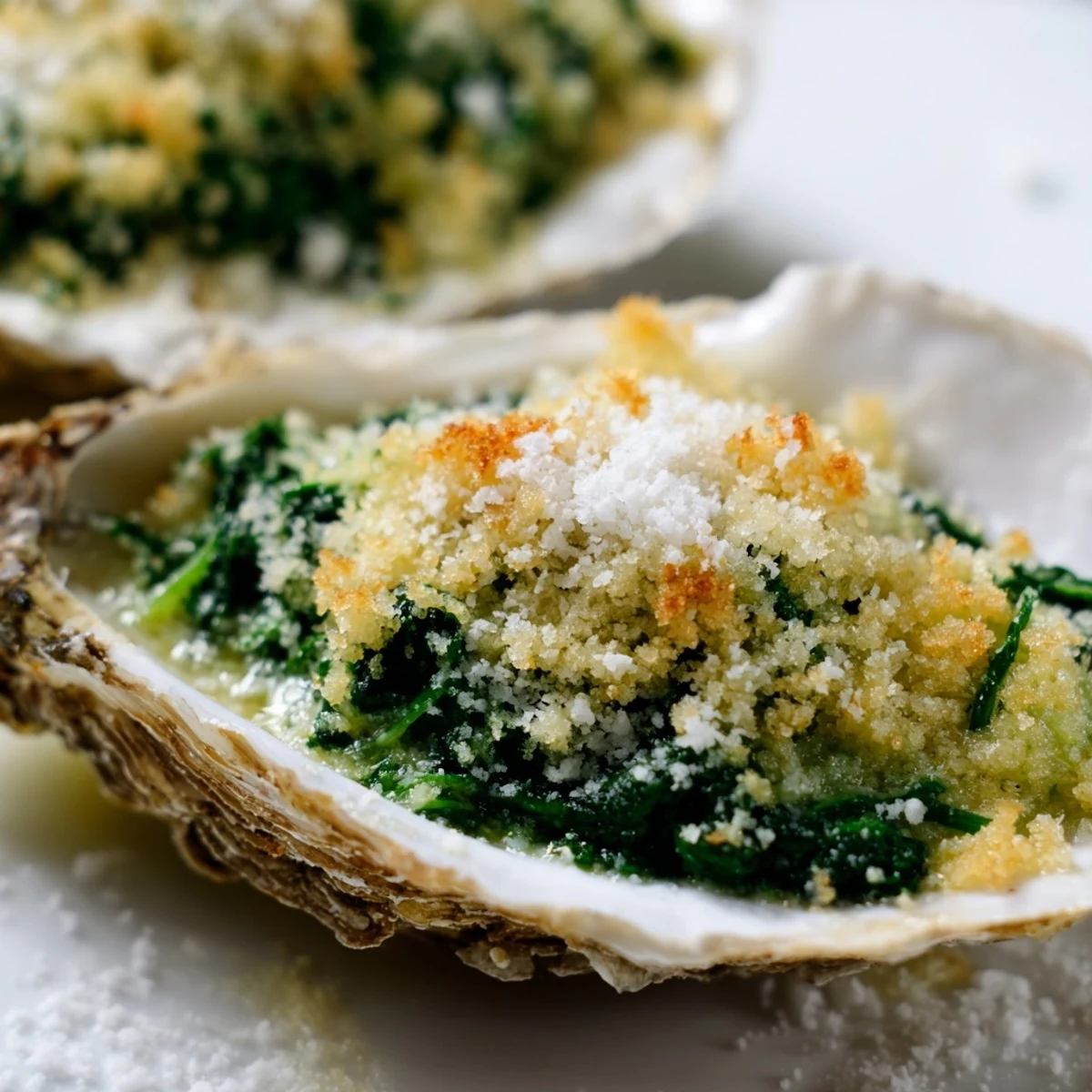 Freshly baked Oysters Rockefeller featuring a rich spinach and Pernod sauce, garnished with lemon wedges and Parmesan.