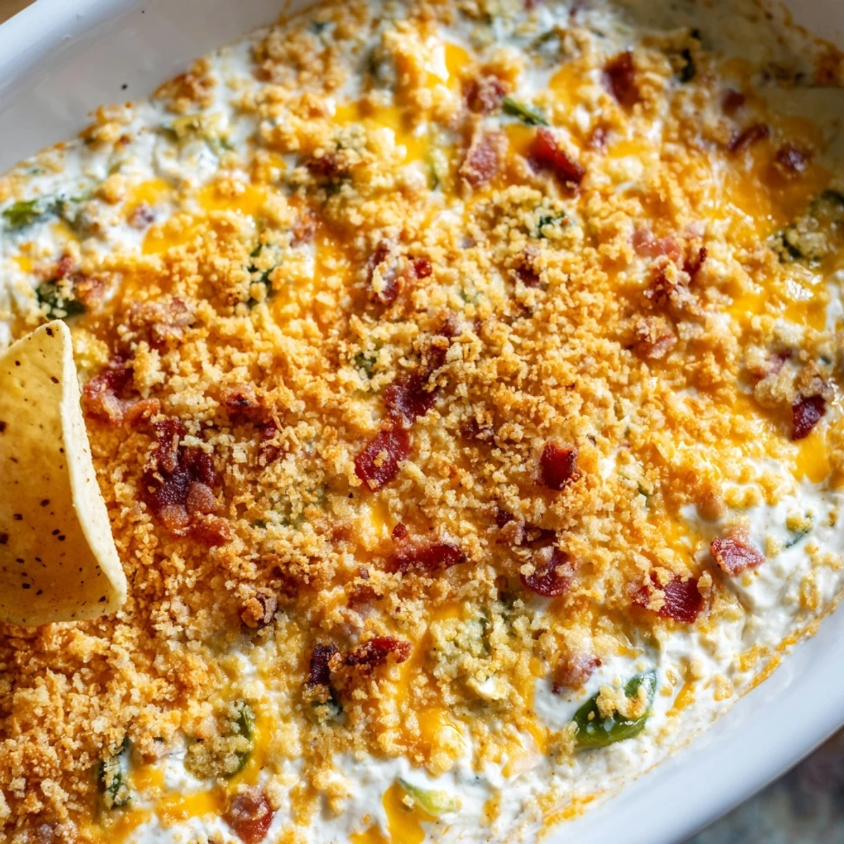 A warm bowl of Super Bowl Jalapeño Popper Dip, bubbling with creamy cheddar and Monterey Jack, garnished with fresh jalapeño slices and chives for a spicy kick.