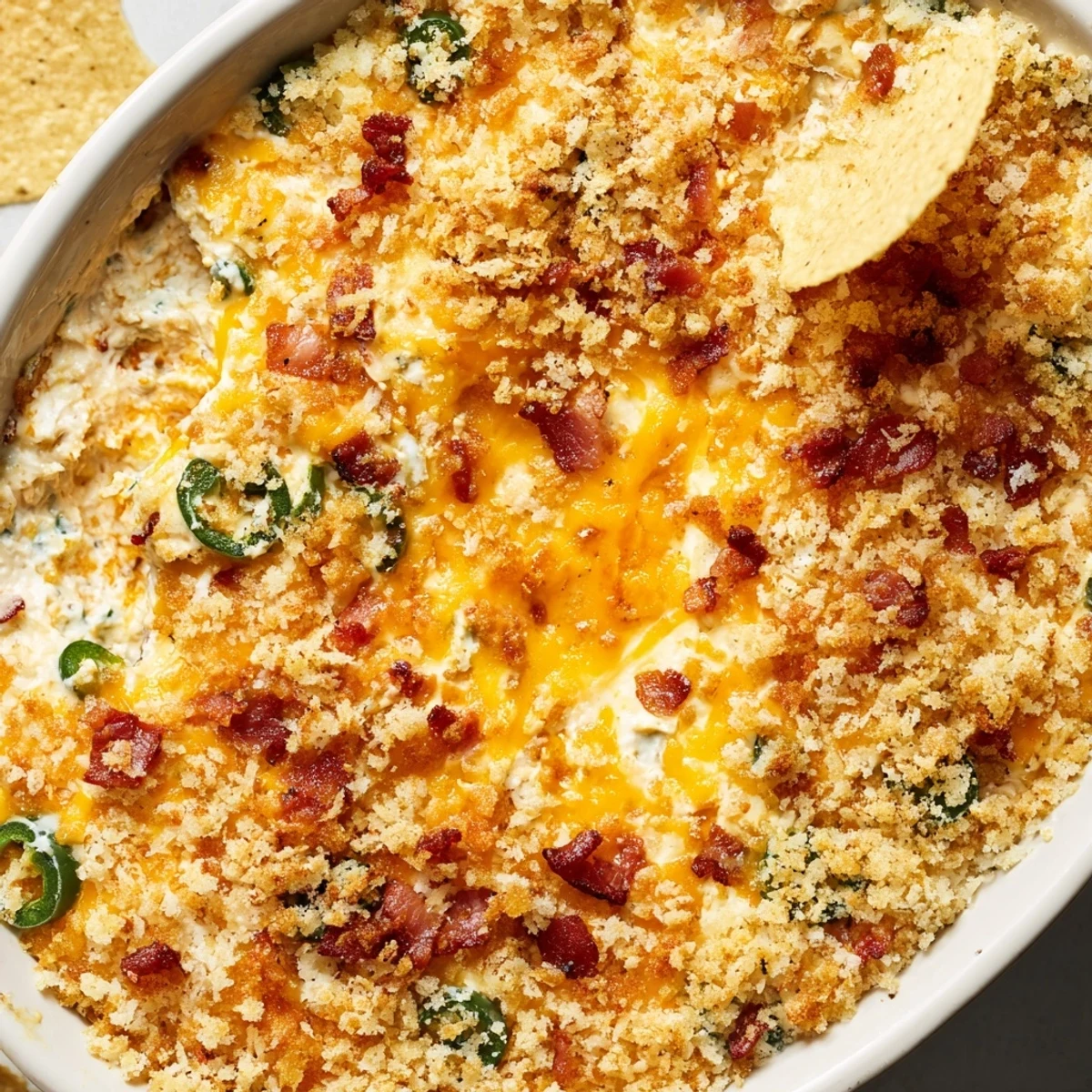 Golden, crispy panko topping on this cheesy Super Bowl Jalapeño Popper Dip sits next to colorful tortilla chips, ready for scooping up at a lively game-day party.