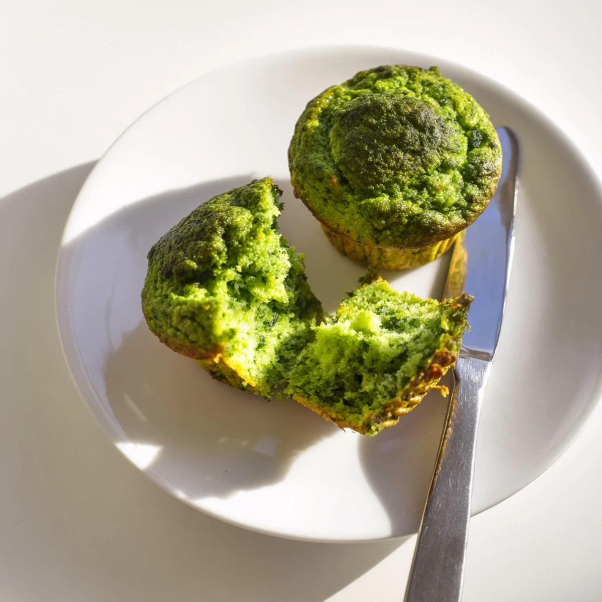 A close-up of freshly baked St. Patrick's Day spinach muffins, showcasing their bright green color and fluffy texture on a rustic table.