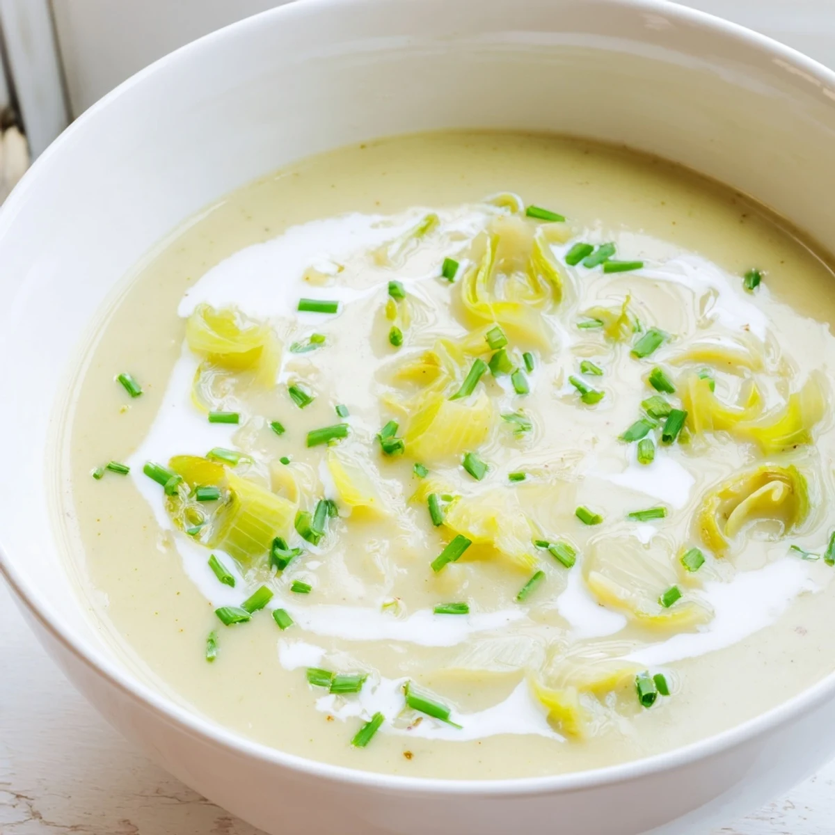 A comforting bowl of Creamy Leek Soup garnished with fresh chives, served alongside crusty artisan bread for dipping.