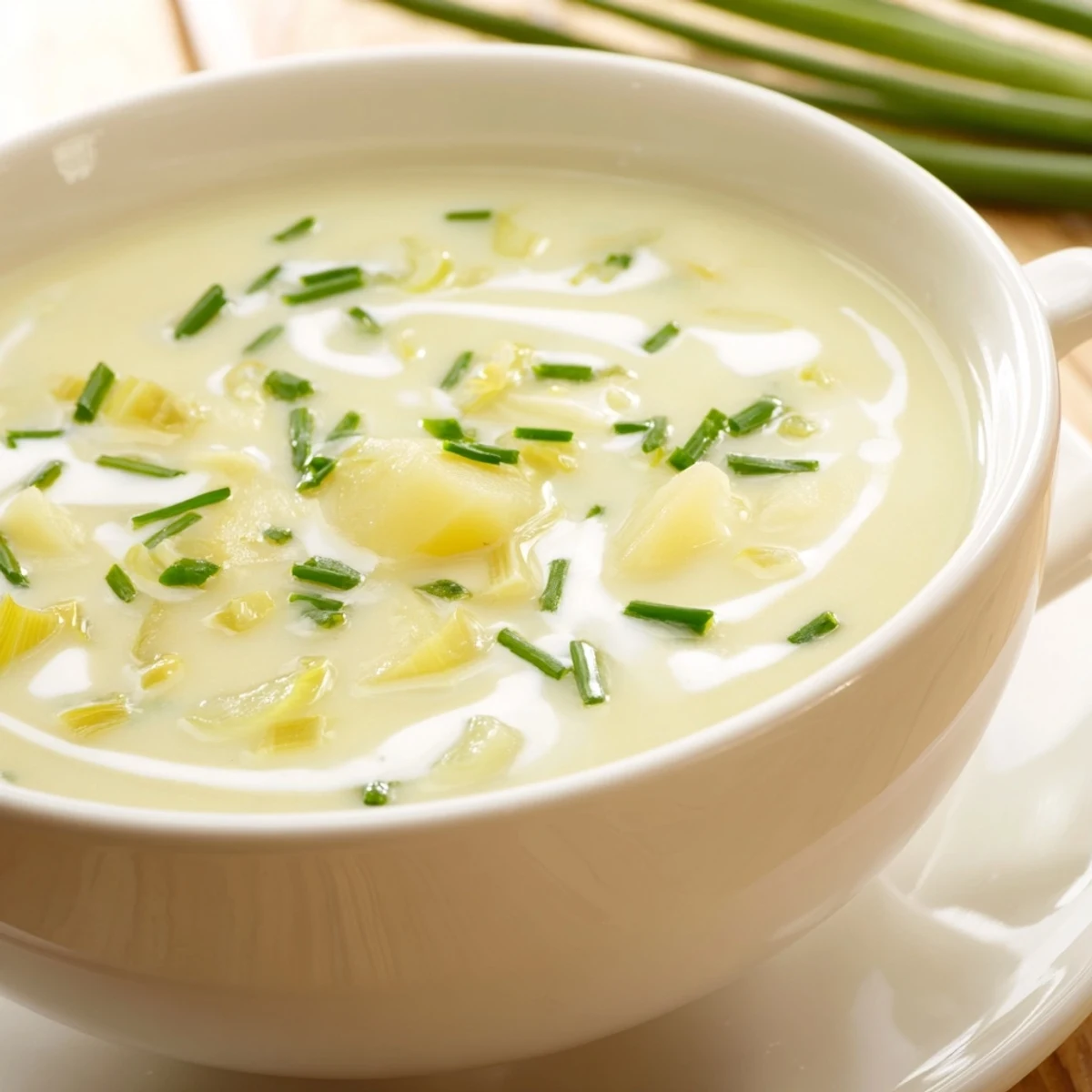 Creamy Leek Soup swirls with velvety smoothness, revealing hints of nutmeg and tender potatoes in a warm French-inspired bowl.