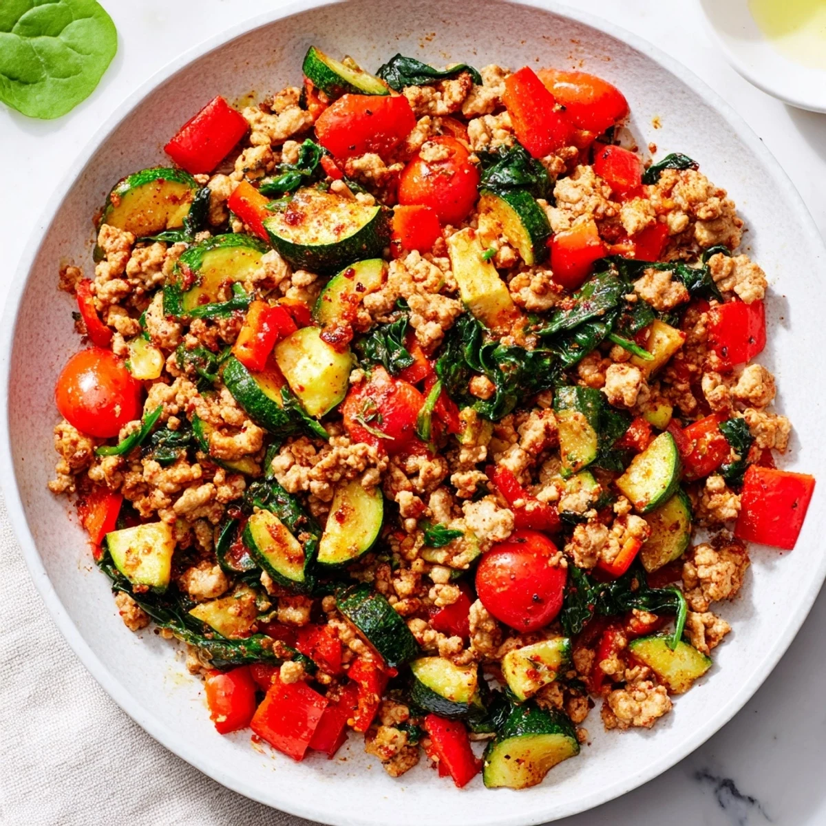One-pan Turkey Skillet with ground turkey, red bell peppers, and spinach, served hot in a skillet.  