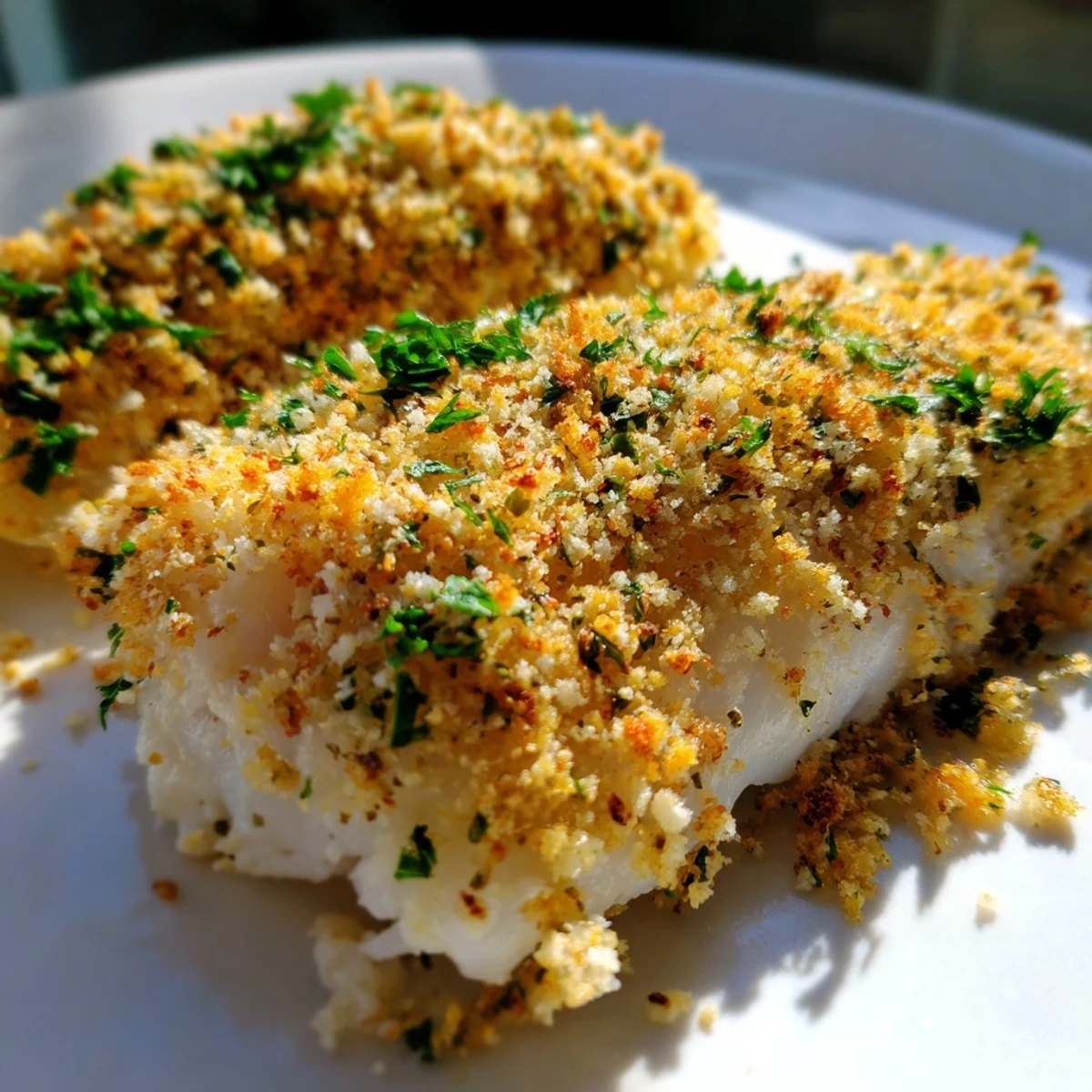 Perfectly baked haddock fillets with a crispy Parmesan and lemon breadcrumb crust, ready to serve for a quick weeknight meal.