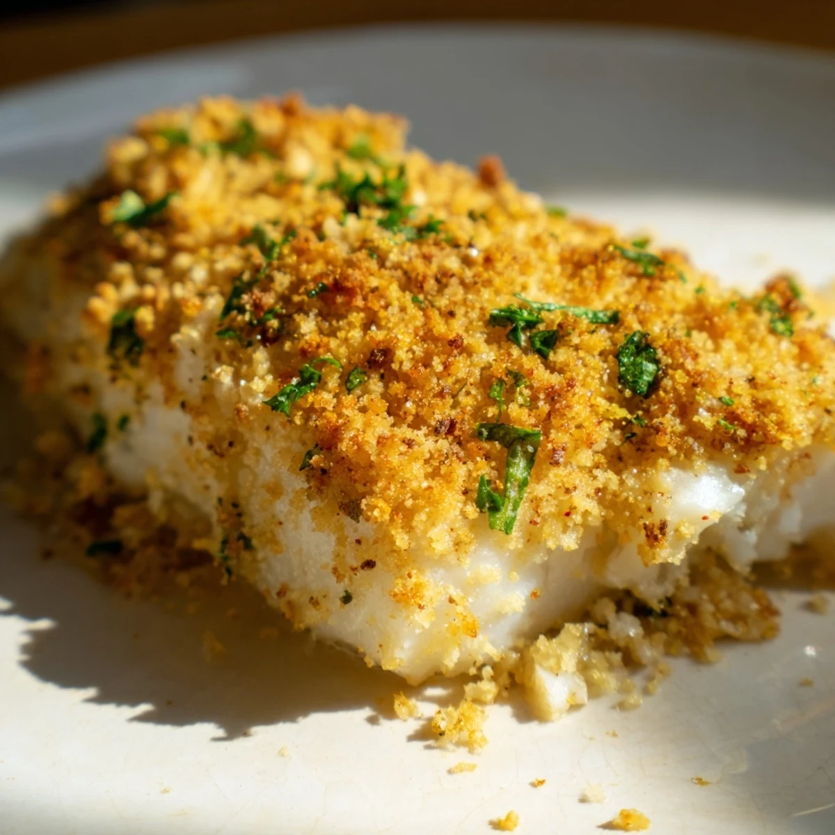 Moist haddock fillets from the oven feature a savory, buttery breadcrumb topping, garnished with lemon wedges on a rustic plate.