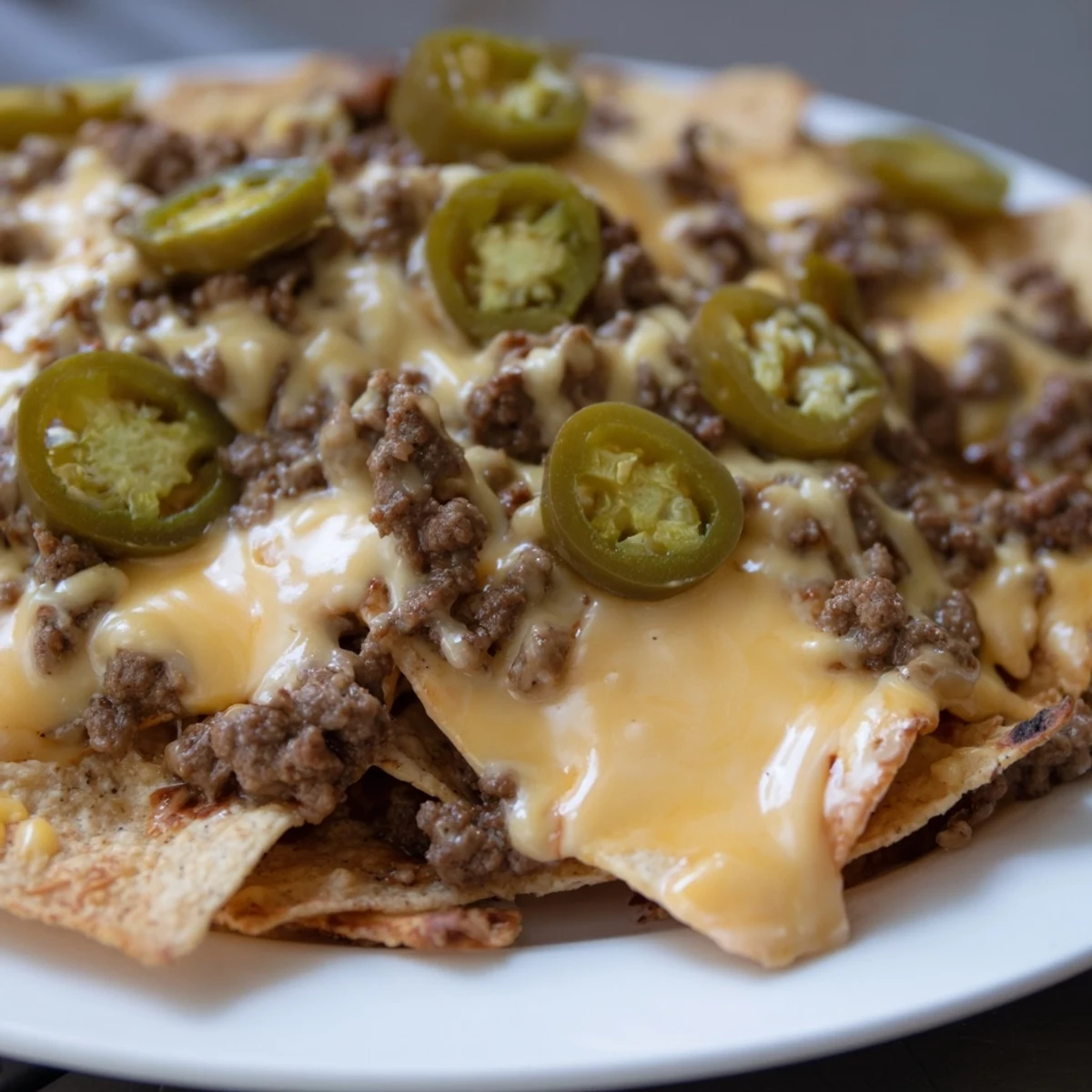 Freshly baked Beef Nachos with Jalapenos and Cheese topped with sour cream, cilantro, and lime wedges, perfect for sharing.