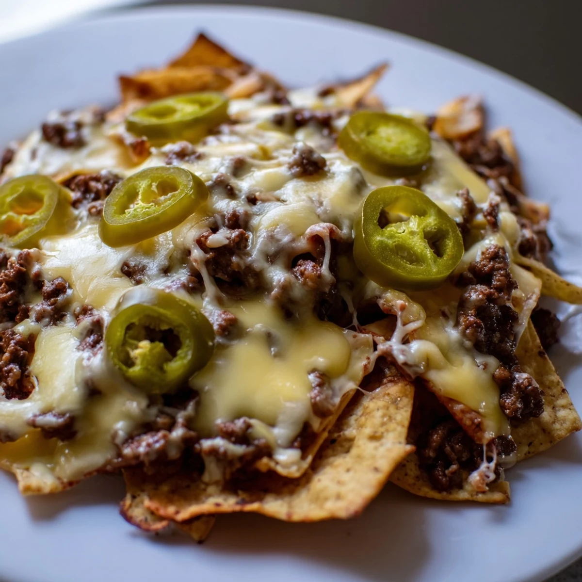 A close-up of golden, bubbling Beef Nachos with Jalapenos and Cheese, featuring savory beef and spicy peppers on crunchy chips.
