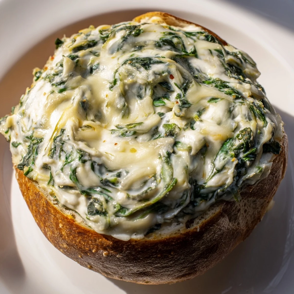 Creamy, warm Super Bowl Spinach Dip in a hollowed sourdough bread bowl, garnished with extra bread cubes and vegetable sticks.  