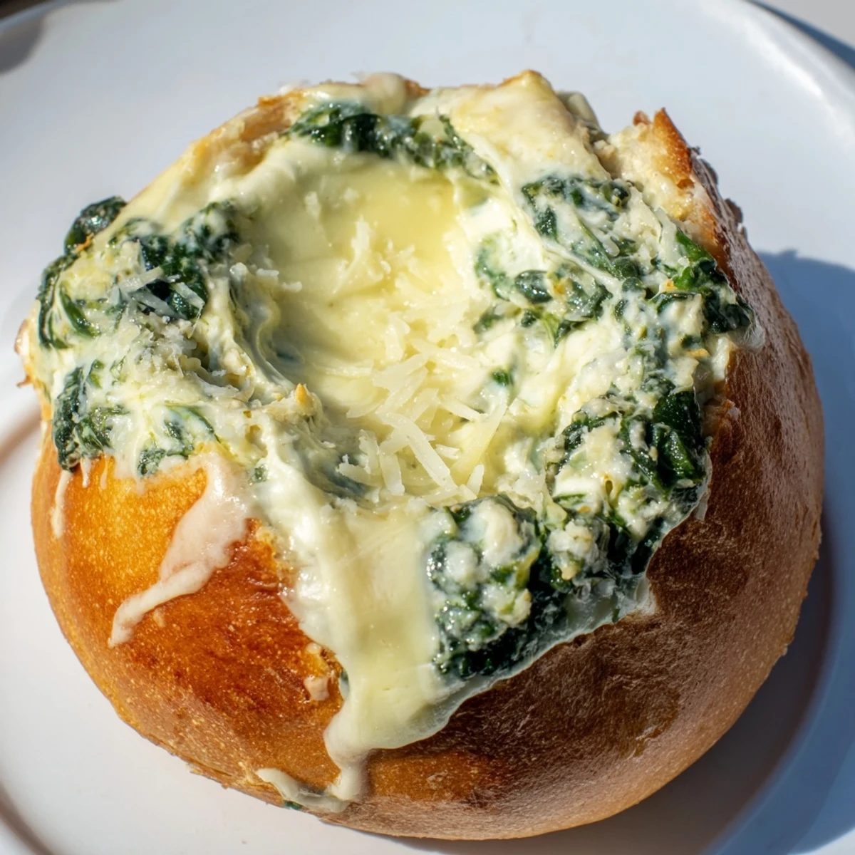 An easy vegetarian Super Bowl Spinach Dip, served steaming in a crusty bread round with melty cheese and a hint of nutmeg.