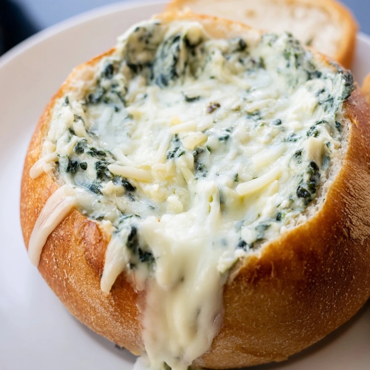This savory appetizer features a golden, bubbly spinach dip baked inside a rustic bread bowl, perfect for sharing on game day.  