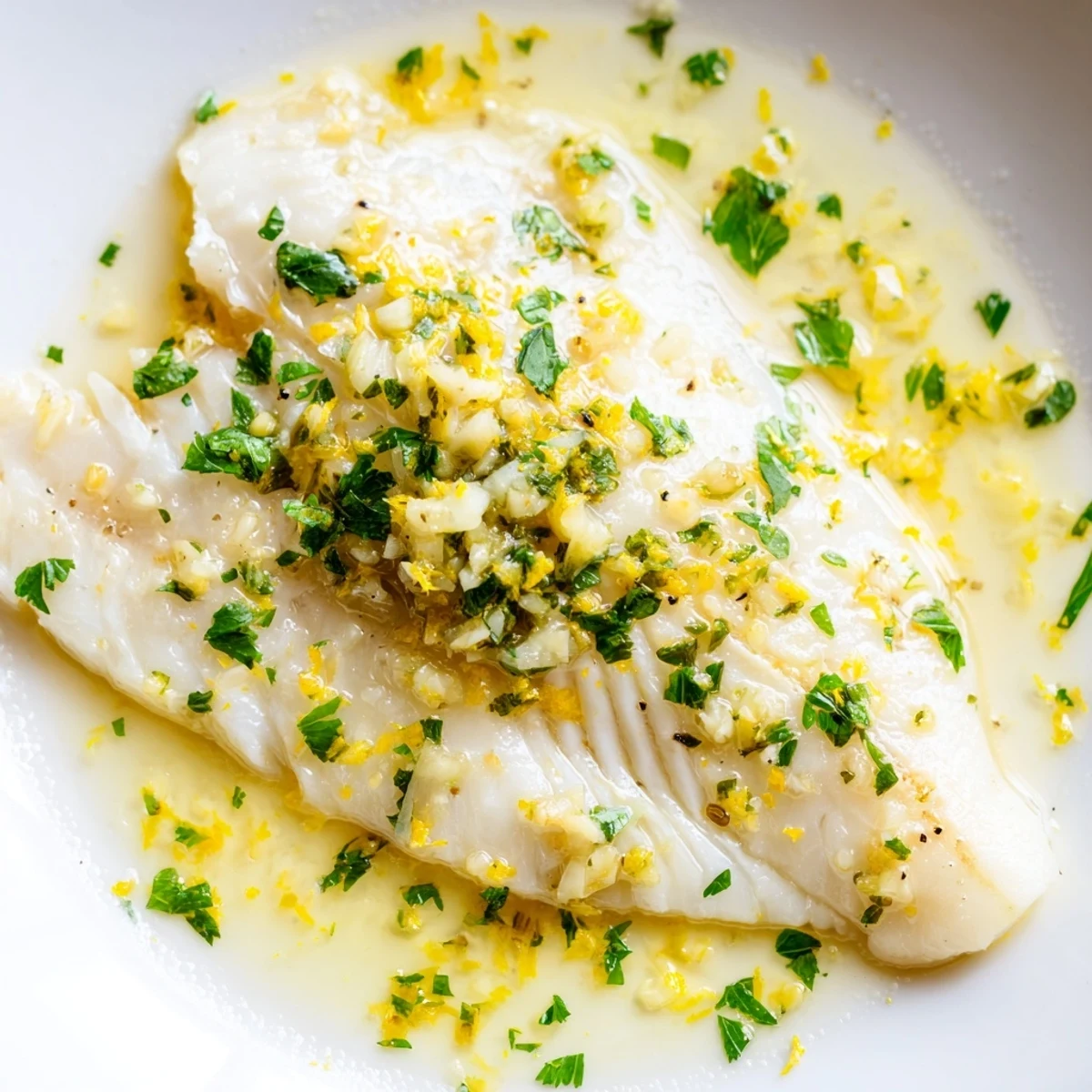Four golden tilapia fillets bake in a lemon garlic butter sauce, ready to serve.