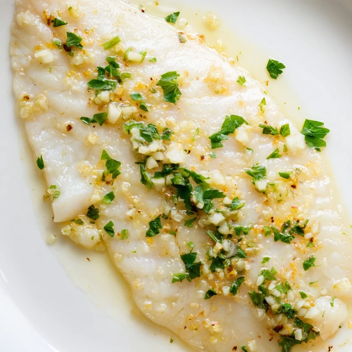 A close-up shows tender tilapia fillets with lemon slices and parsley garnish.
