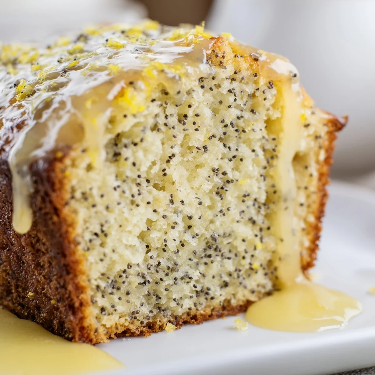 A close-up view of Lemon Poppy Seed Loaf with Lemon Glaze, revealing poppy seeds and glossy, sweet-tart drizzle.