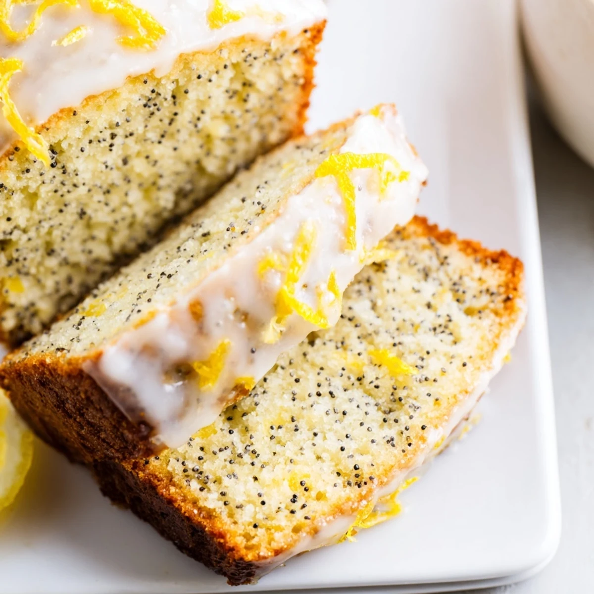 Freshly baked Lemon Poppy Seed Loaf with Lemon Glaze, served on a rustic plate with a steaming cup of coffee.