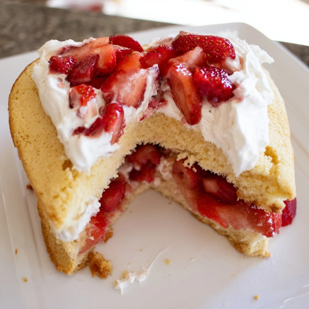 A single slice of Valentine Strawberry Shortcake reveals layers of tender biscuit, sweet berry juices, and fresh whipped cream on a rustic plate.