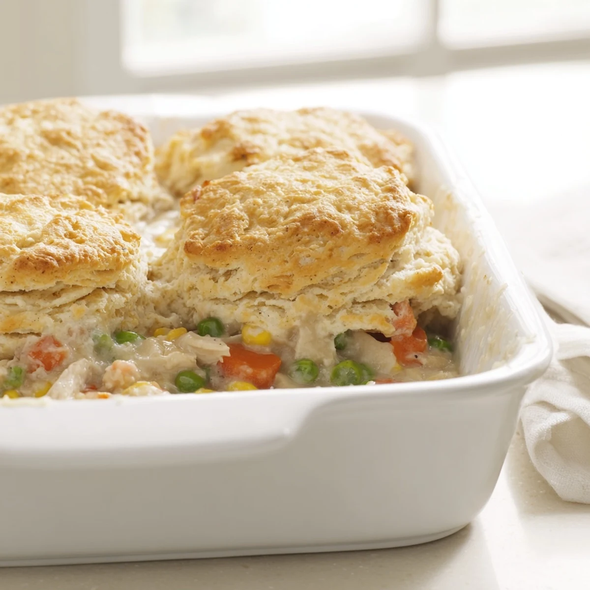 A steaming Chicken Pie Casserole with Veggies shows golden biscuit peaks, tender carrots, and creamy filling in a white baking dish.