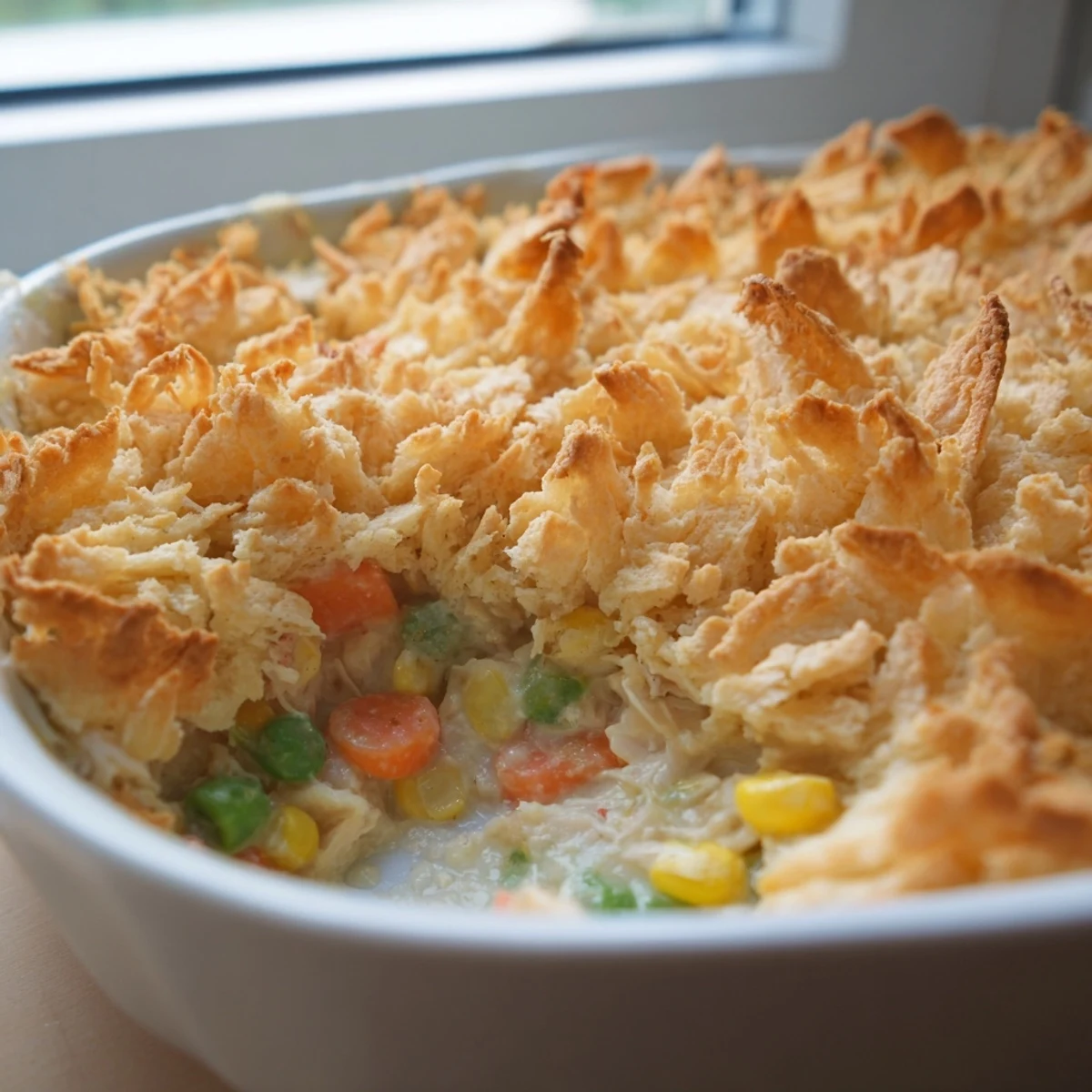 Spoonfuls of bubbling Chicken Pie Casserole with Veggies reveal peas and corn amid a savory sauce, ready for a cozy family dinner.