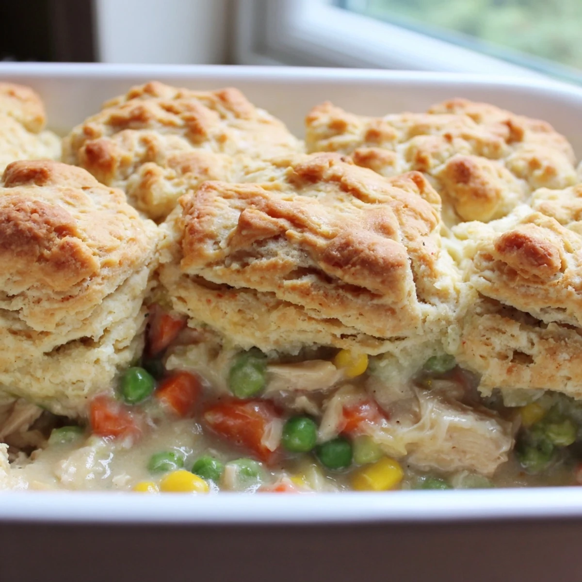 Close up, flaky biscuit crust crowns Chicken Pie Casserole with Veggies, with glossy sauce and vibrant diced veggies visible through the gaps.