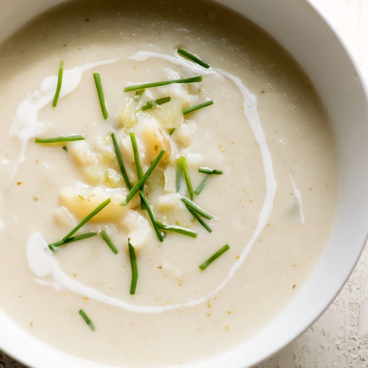 A creamy bowl of Irish Potato Soup garnished with fresh chives, featuring tender potatoes and leeks in a velvety broth.  