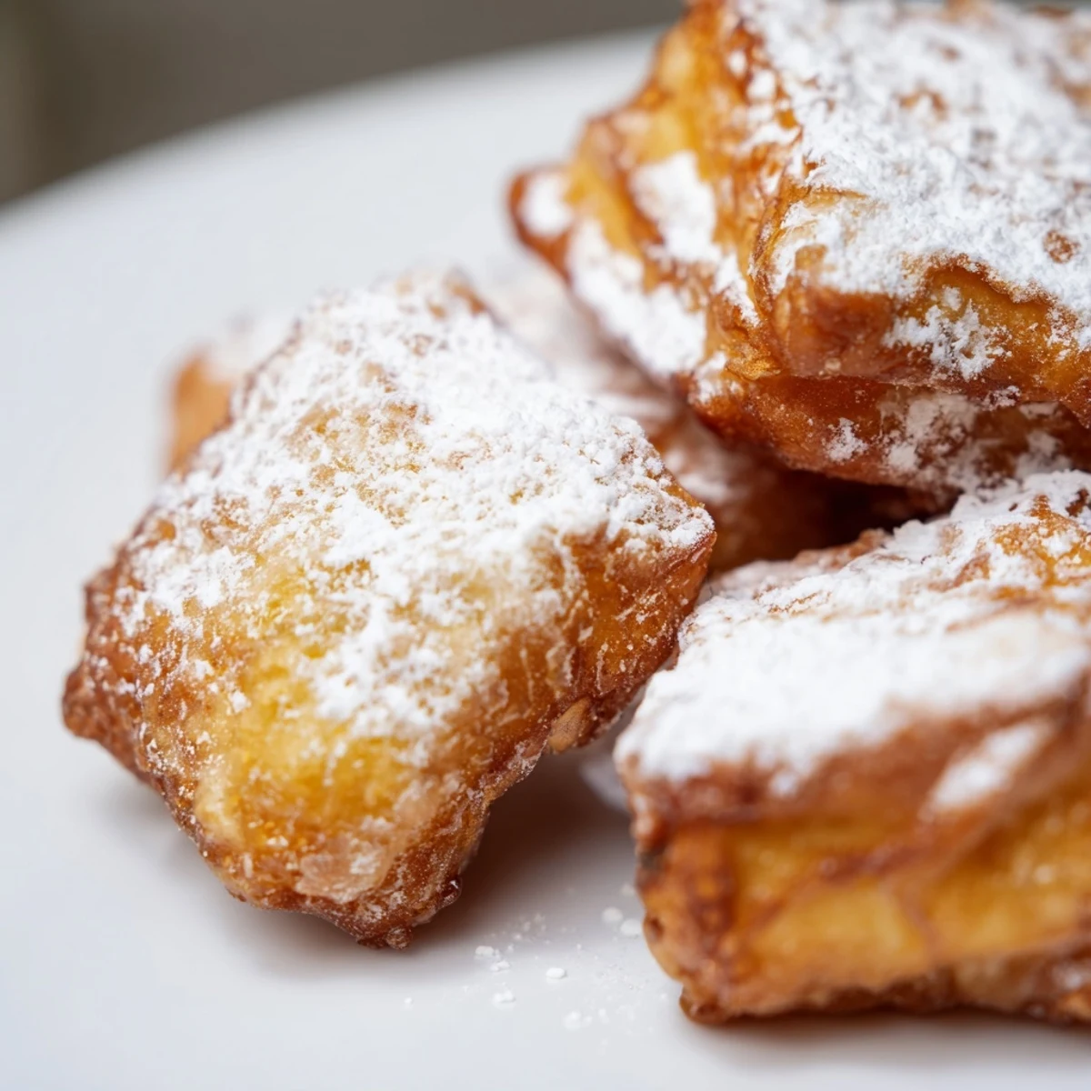 Golden, powdery Mardi Gras fried dough squares rest on a festive plate, their crisp edges inviting a sweet, Carnival-inspired bite.  