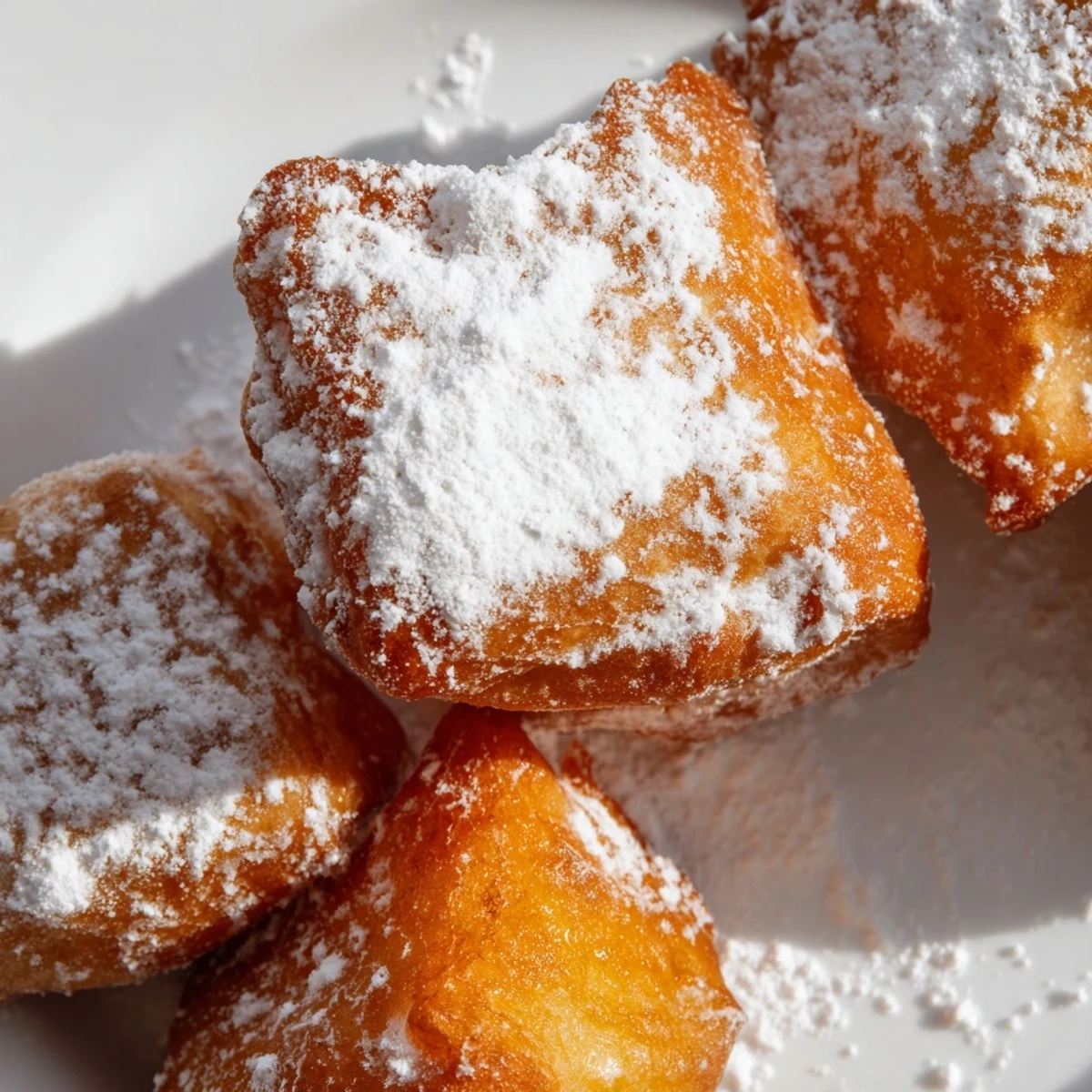 Stack of golden-brown Mardi Gras fried dough pieces, glistening with sugar, perfect for a New Orleans celebration.
